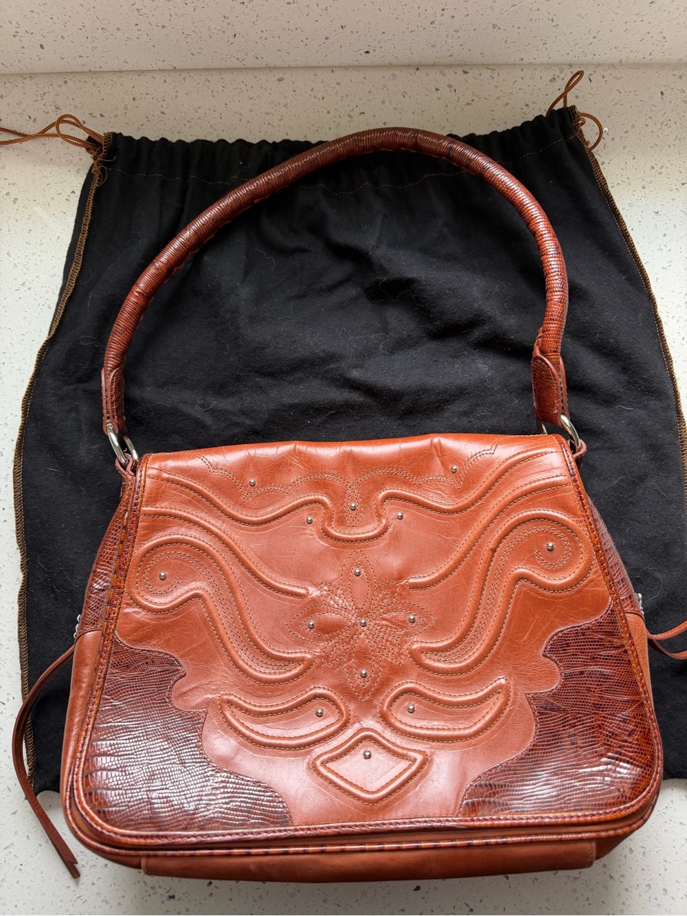 Artisan Tooled Brown Leather Shoulder Bag